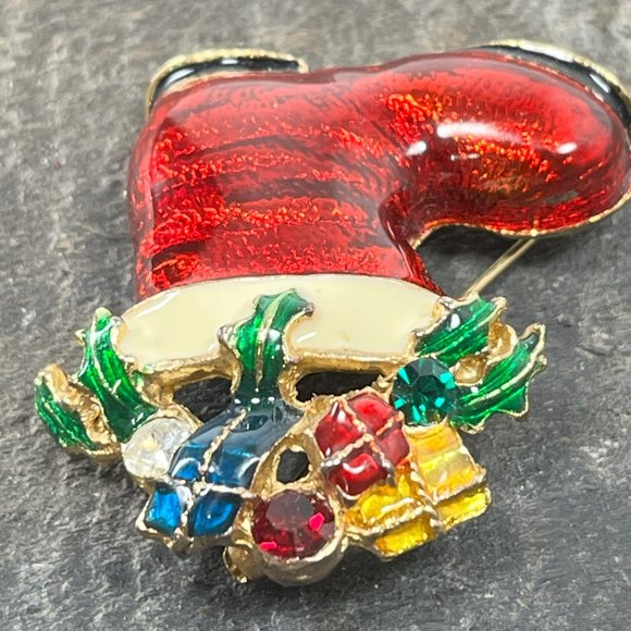 Vintage Jeweled Enamel Christmas Stocking Boot Gold tone Holiday Christmas - Picture 3 of 12